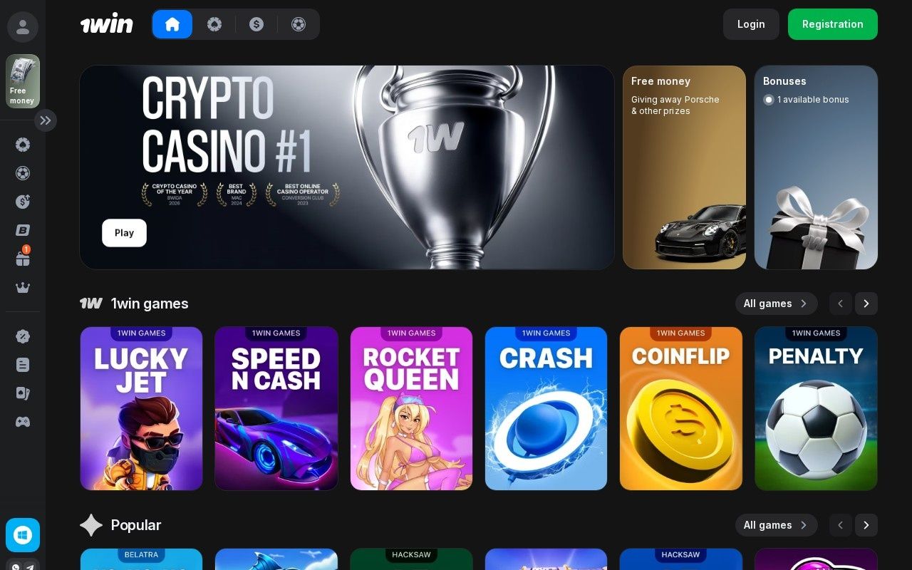 1win casino homepage screenshot showing the main game lobby and top navigation (1win casino review)