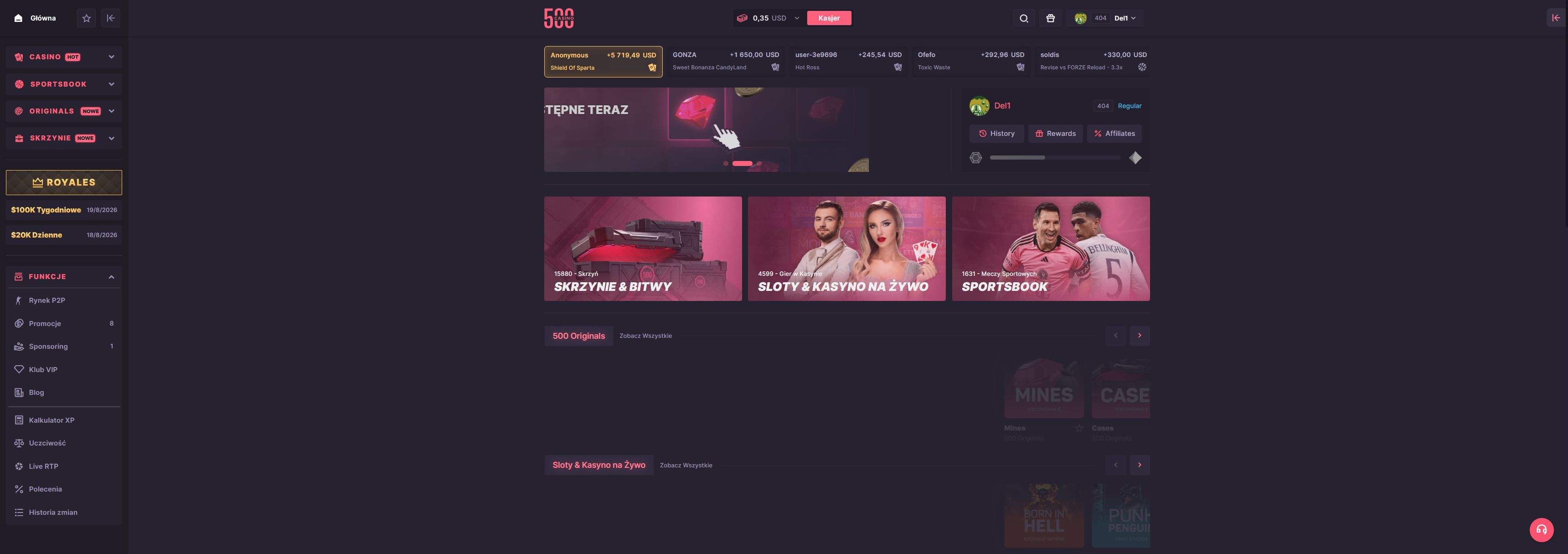 500 Casino casino homepage screenshot showing the main game lobby and top navigation (500 casino casino review)