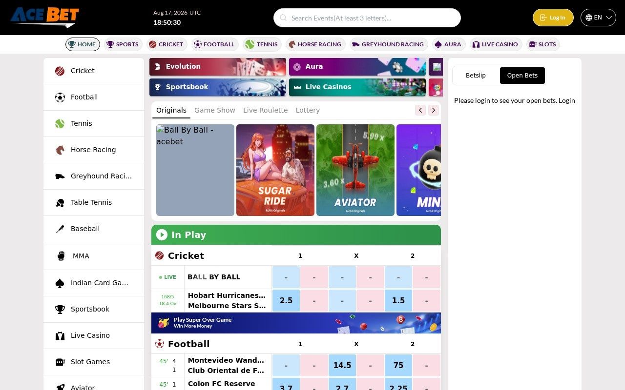 AceBet casino homepage screenshot showing the main game lobby and top navigation (acebet casino review)