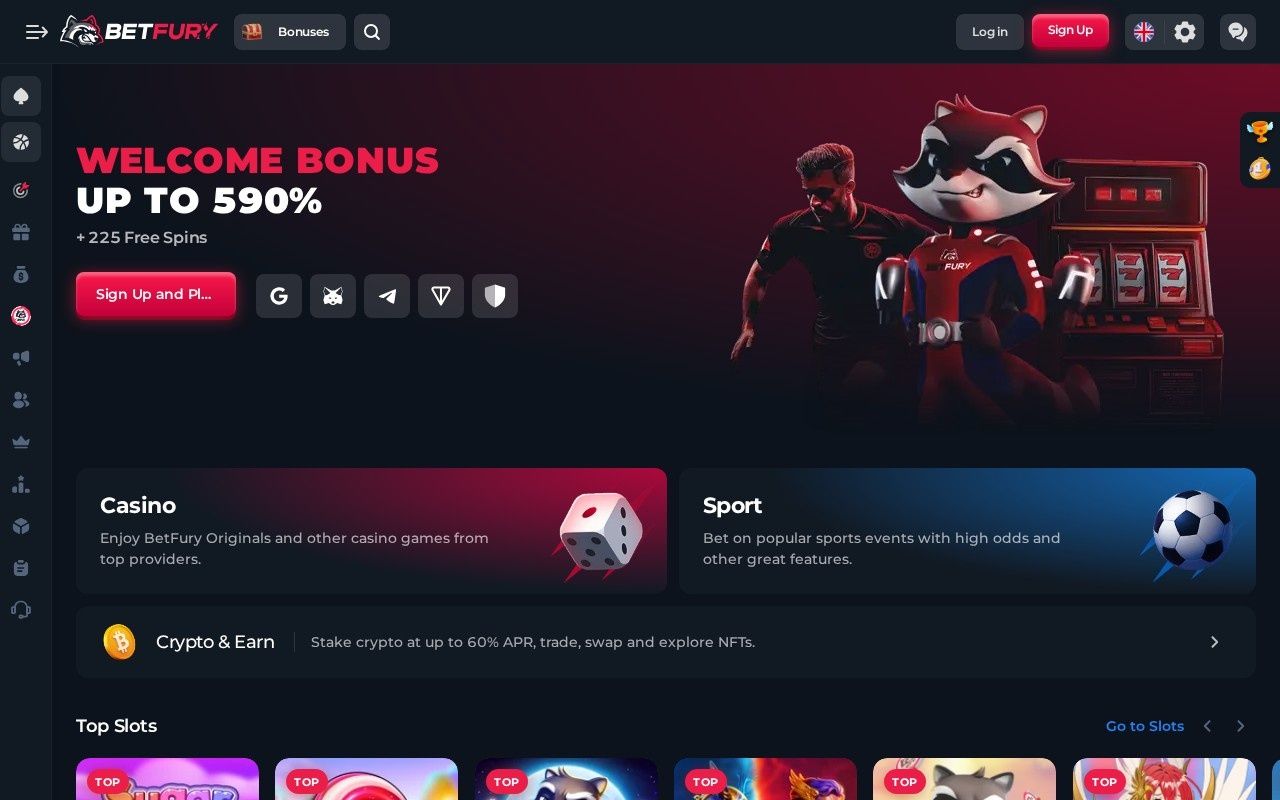 BetFury casino homepage screenshot showing the main game lobby and top navigation (betfury casino review)