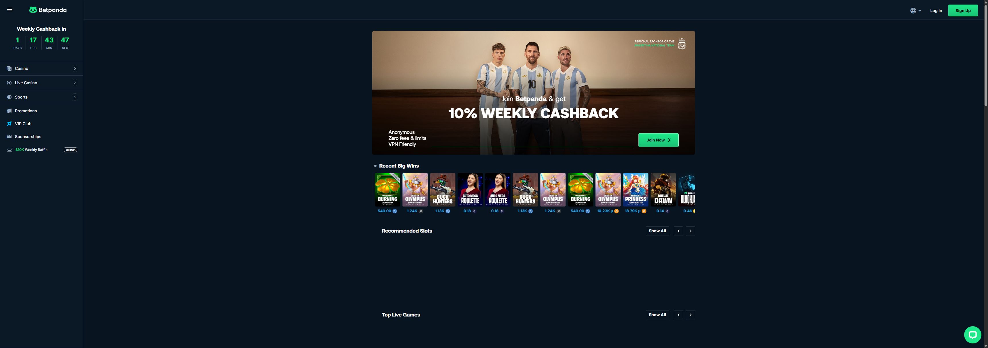 Betpanda casino homepage screenshot showing the main game lobby and top navigation (betpanda casino review)