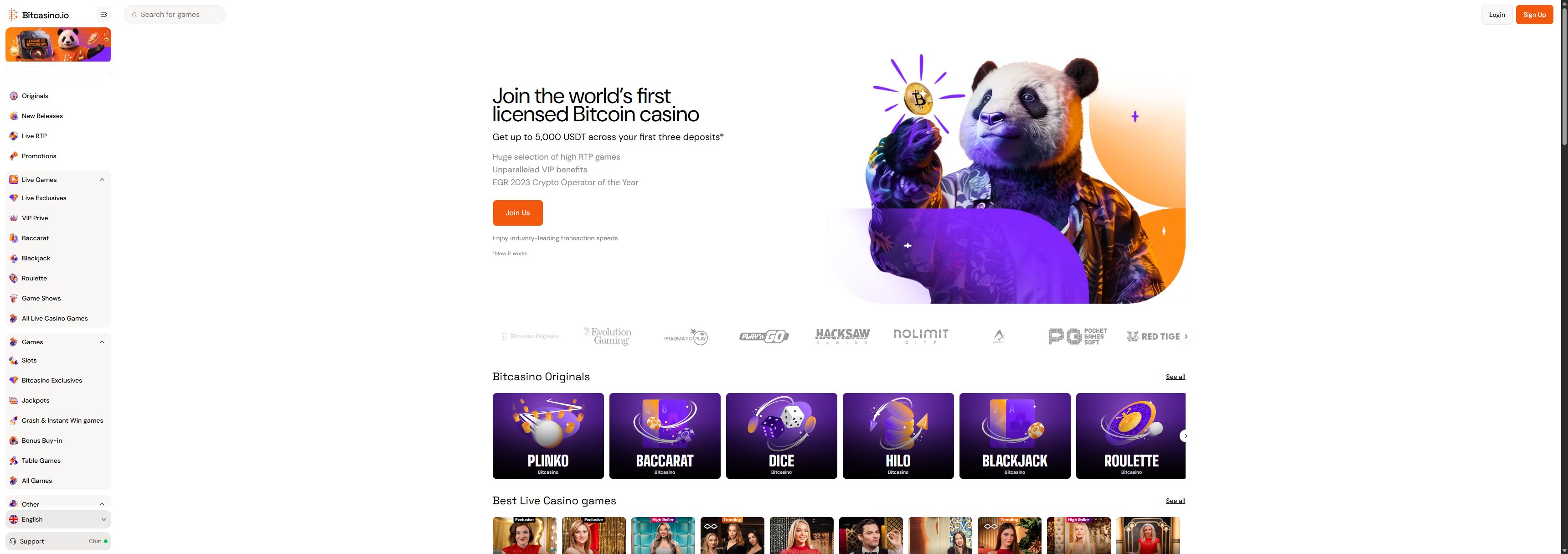 Bitcasino casino homepage screenshot showing the main game lobby and top navigation (bitcasino casino review)