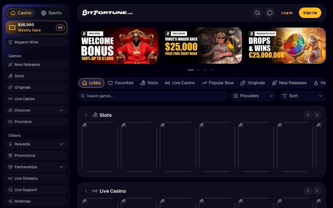 BitFortune casino homepage screenshot showing the main game lobby and top navigation (bitfortune casino review)