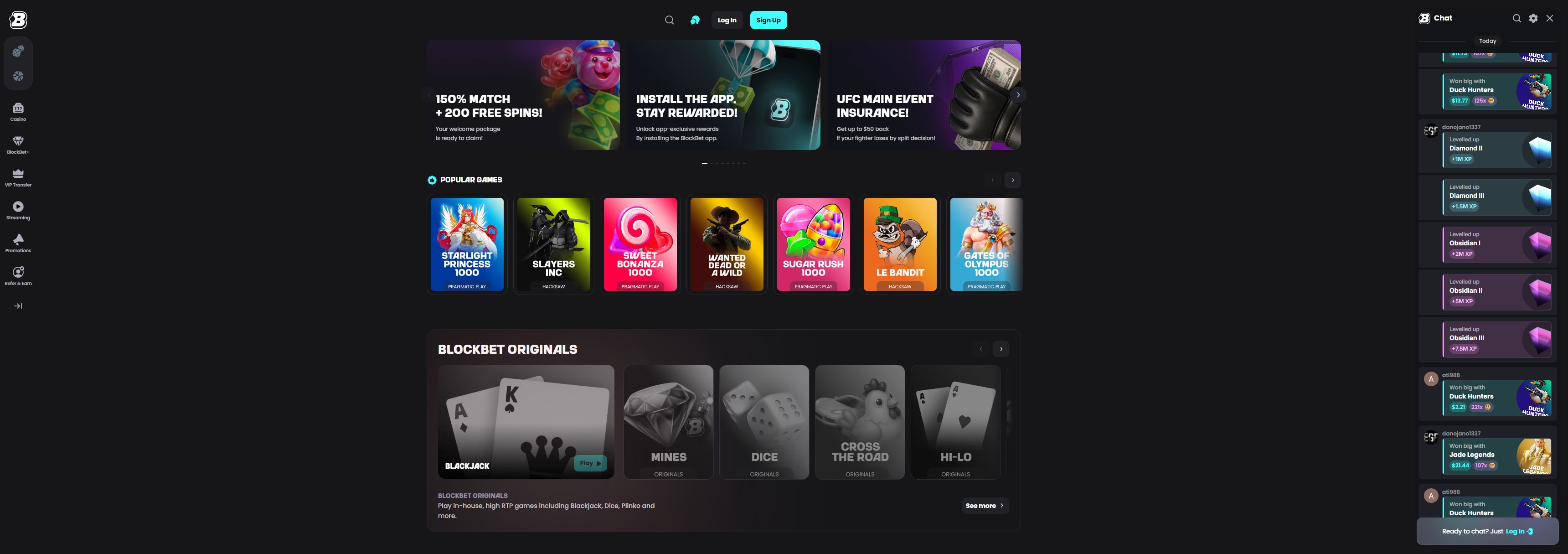 BlockBet casino homepage screenshot showing the main game lobby and top navigation (blockbet casino review)