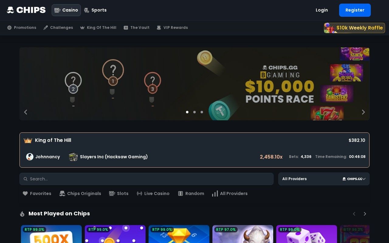 Chips.gg casino homepage screenshot showing the main game lobby and top navigation (chips.gg casino review)