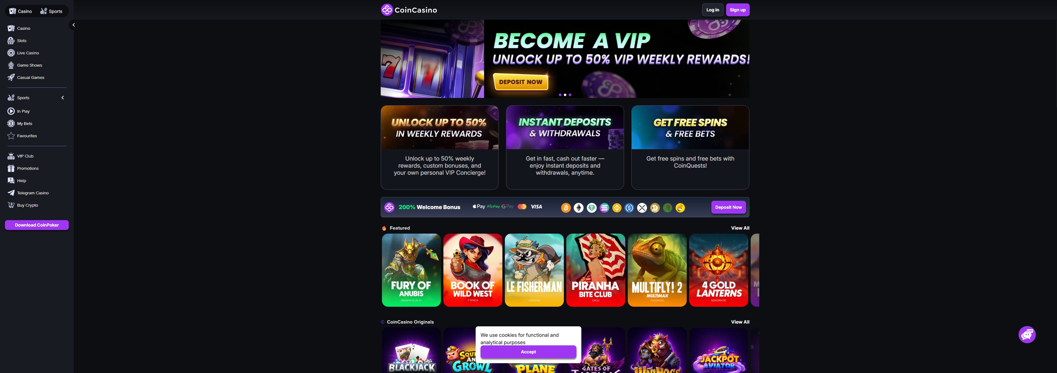CoinCasino casino homepage screenshot showing the main game lobby and top navigation (coincasino casino review)