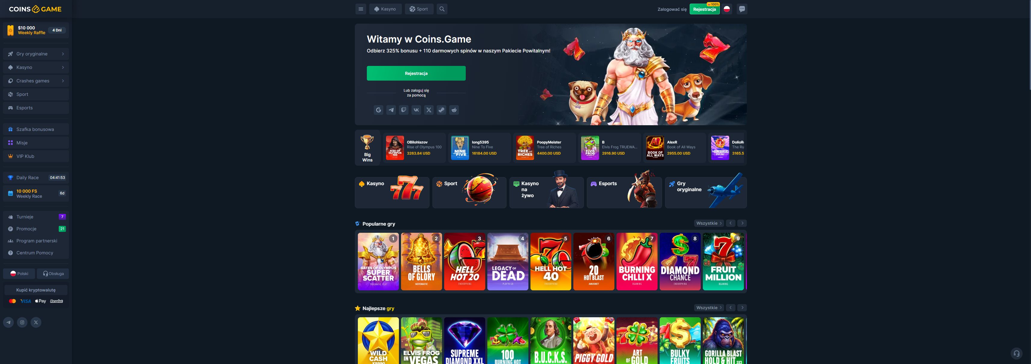 Coins.Game casino homepage screenshot showing the main game lobby and top navigation (coins.game casino review)