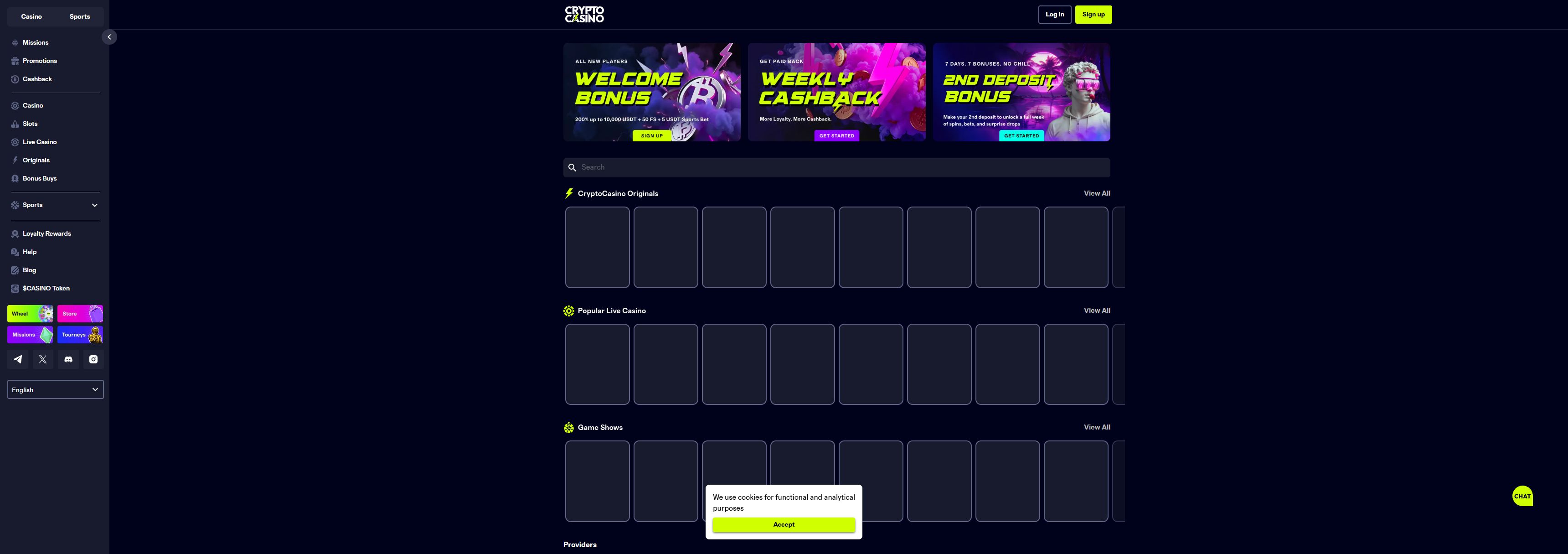 Cryptocasino casino homepage screenshot showing the main game lobby and top navigation (cryptocasino casino review)