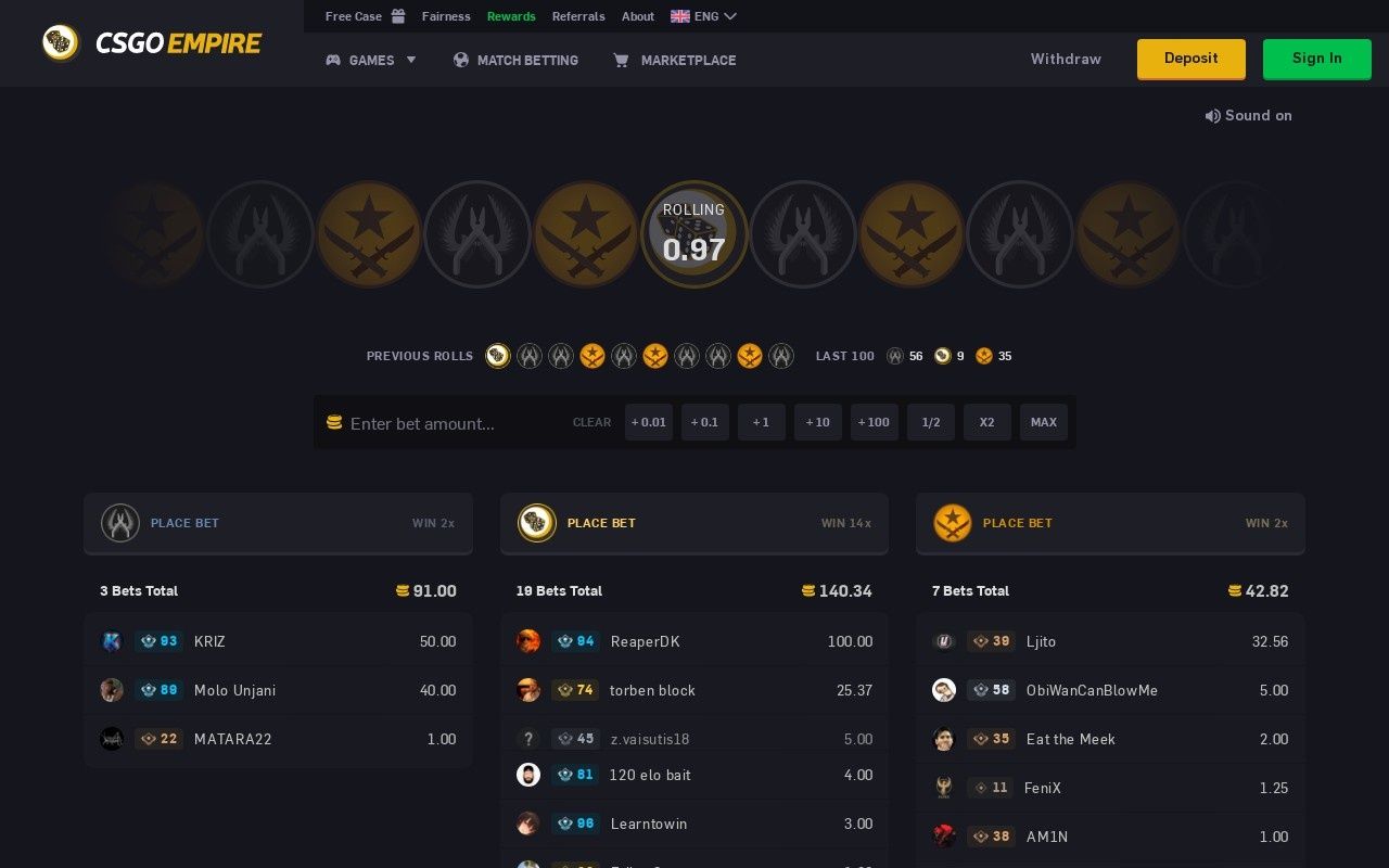 CSGOEmpire casino homepage screenshot showing the main game lobby and top navigation (csgoempire casino review)