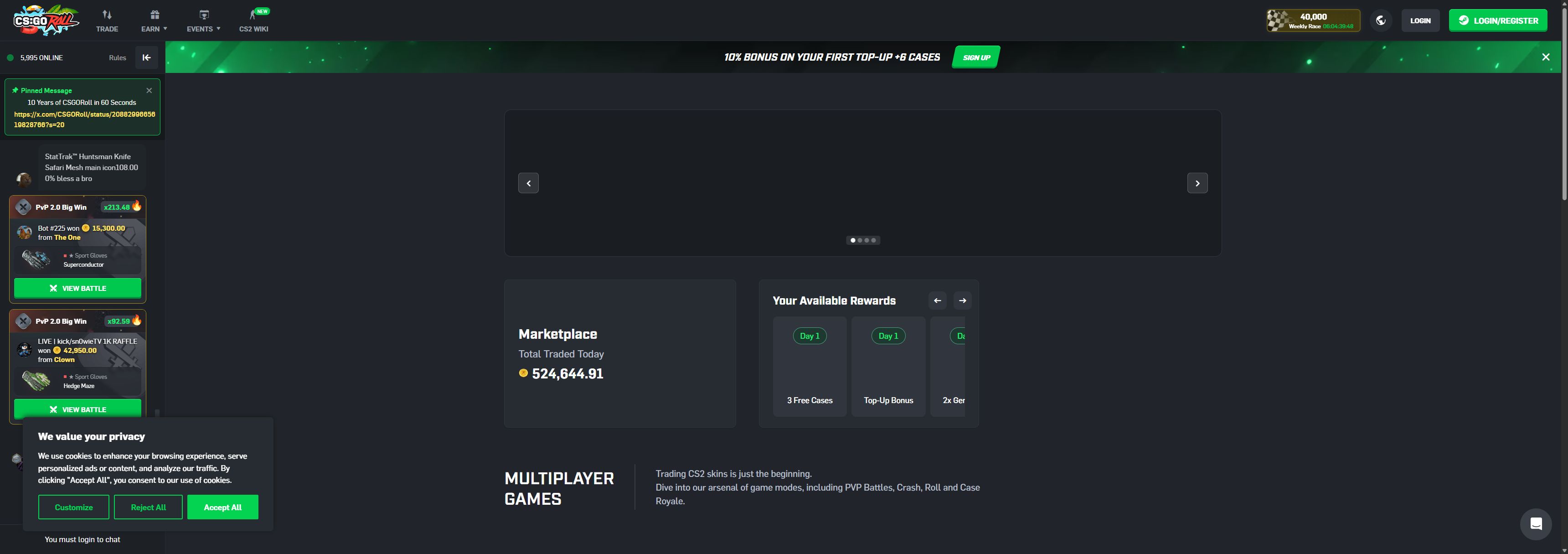 CSGORoll casino homepage screenshot showing the main game lobby and top navigation (csgoroll casino review)