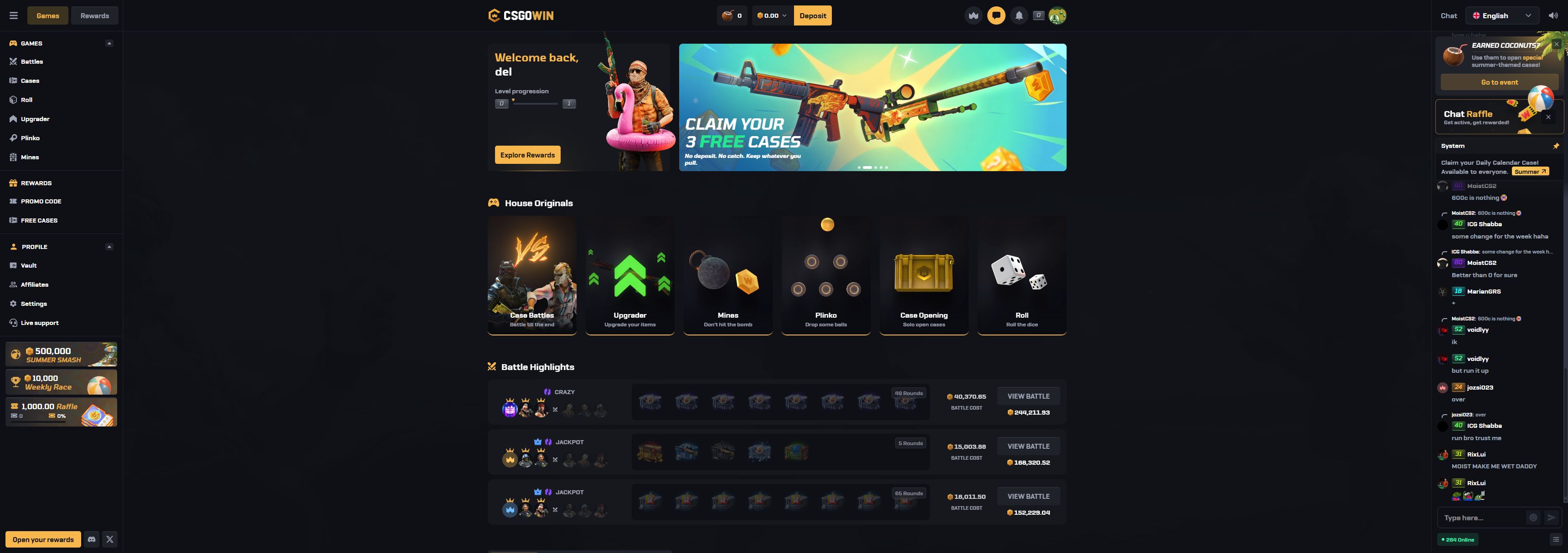 CSGOWin casino homepage screenshot showing the main game lobby and top navigation (csgowin casino review)