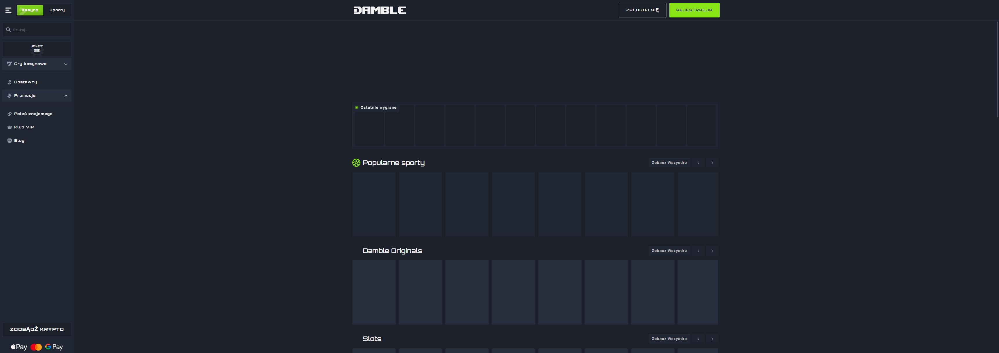Damble casino homepage screenshot showing the main game lobby and top navigation (damble casino review)