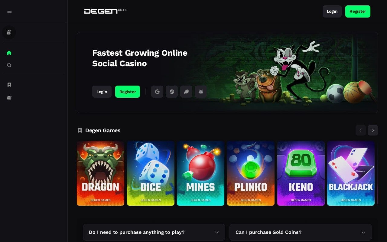 Degen casino homepage screenshot showing the main game lobby and top navigation (degen casino review)