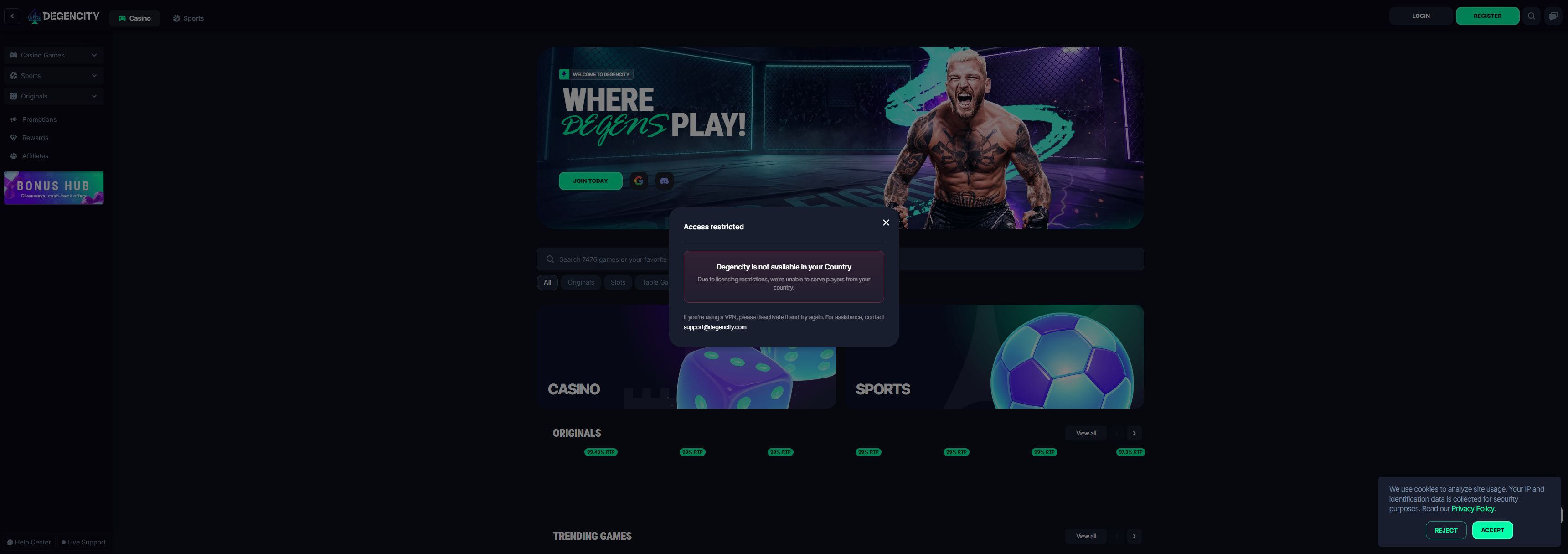 DegenCity casino homepage screenshot showing the main game lobby and top navigation (degencity casino review)