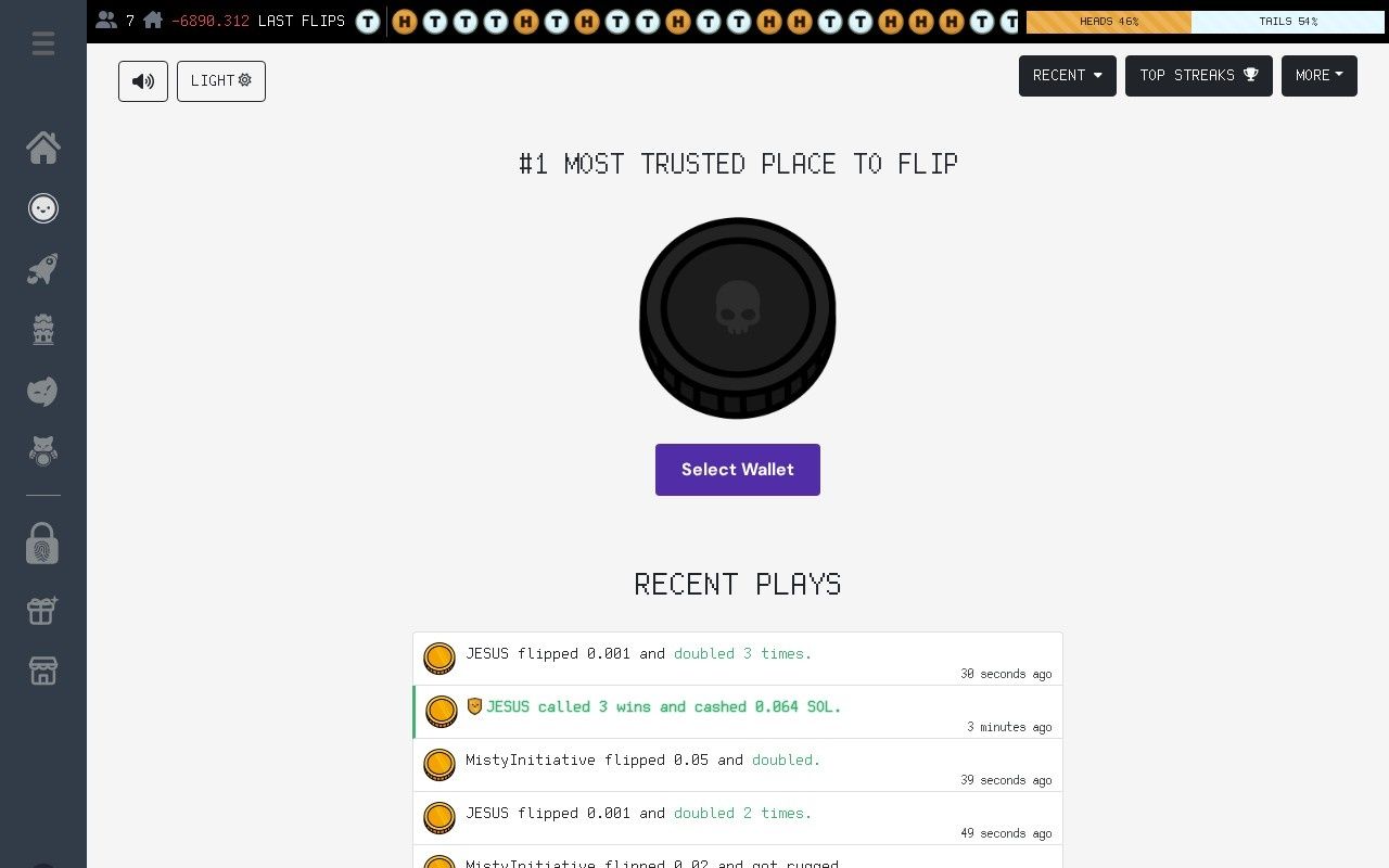 DegenCoinFlip casino homepage screenshot showing the main game lobby and top navigation (degencoinflip casino review)