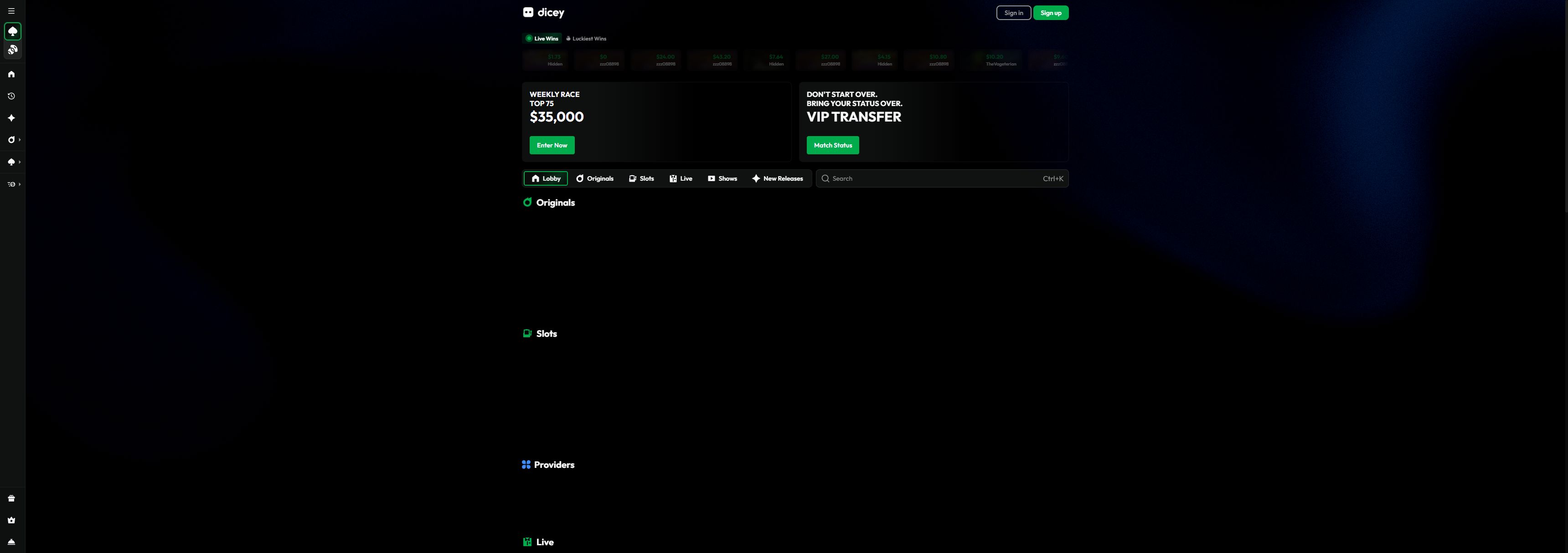Dicey casino homepage screenshot showing the main game lobby and top navigation (dicey casino review)