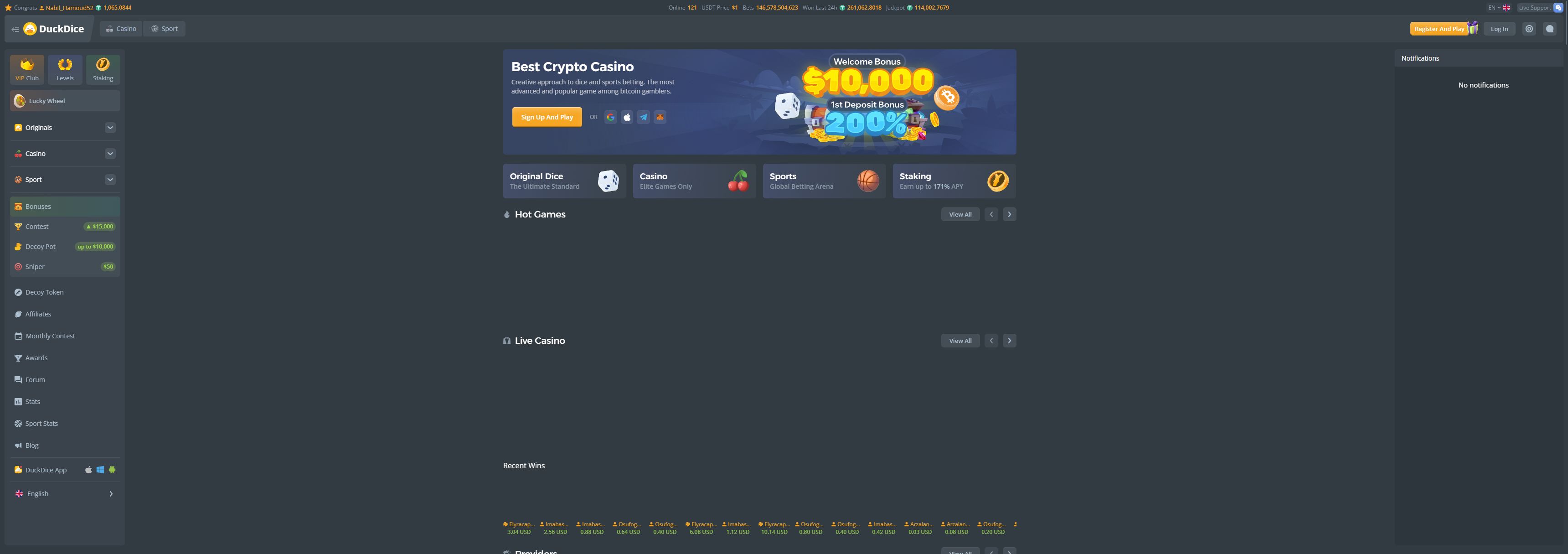 DuckDice casino homepage screenshot showing the main game lobby and top navigation (duckdice casino review)