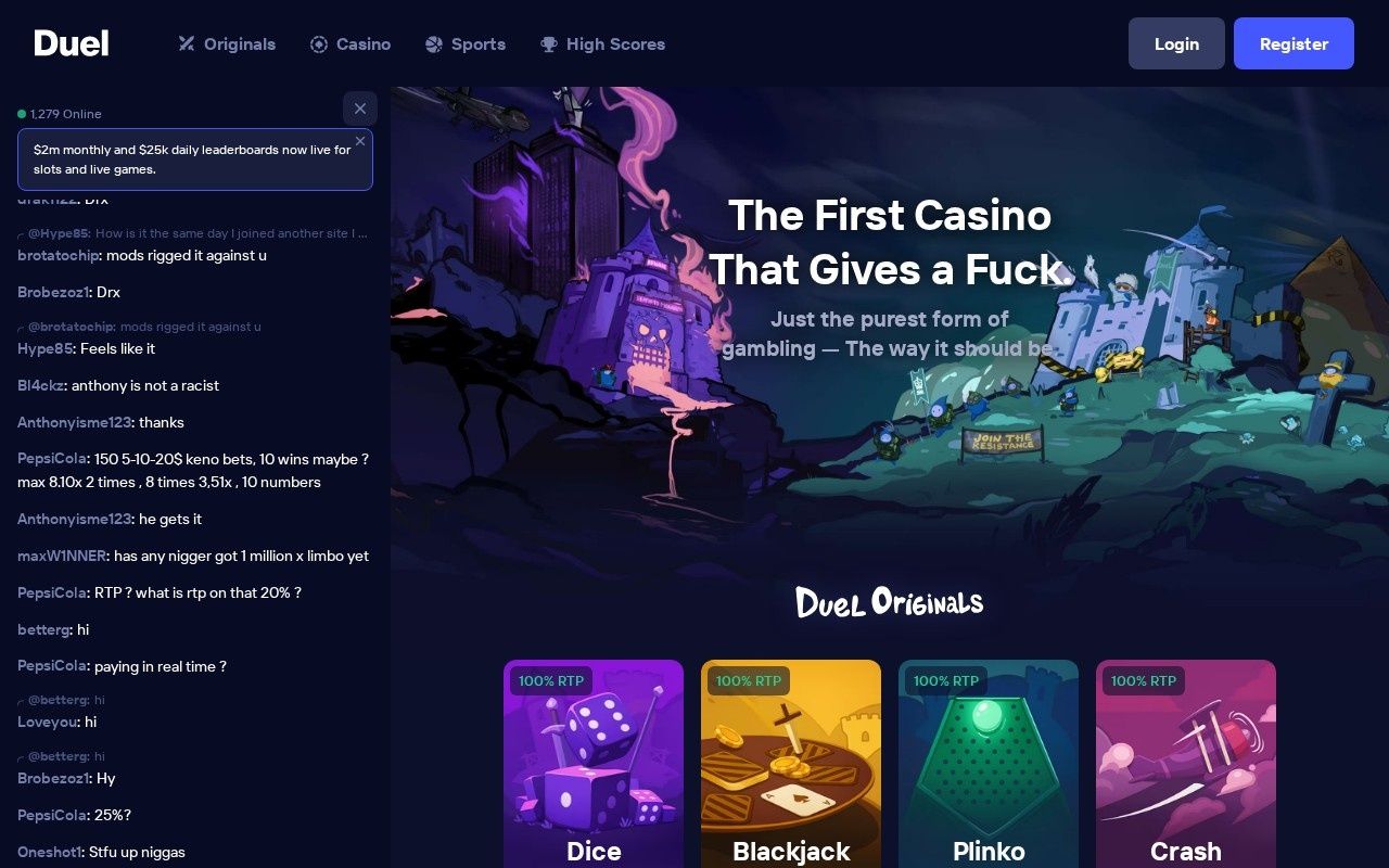 Duel casino homepage screenshot showing the main game lobby and top navigation (duel casino review 2026)