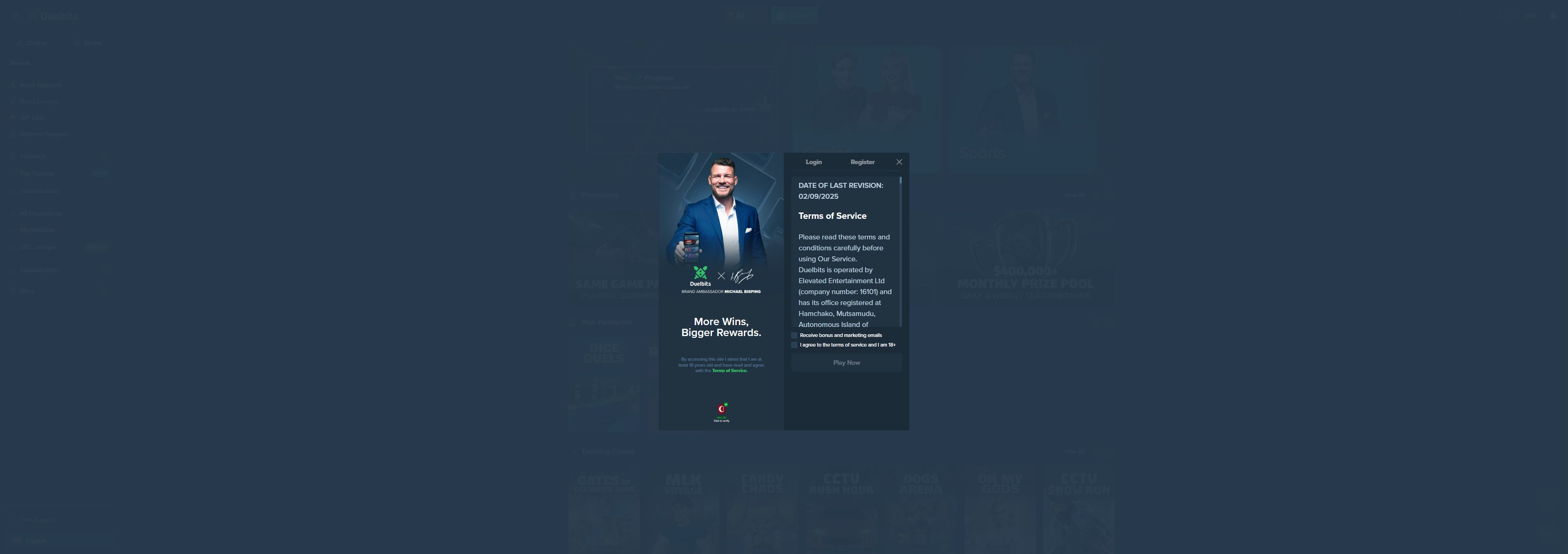 Duelbits casino homepage screenshot showing the main game lobby and top navigation (duelbits casino review)