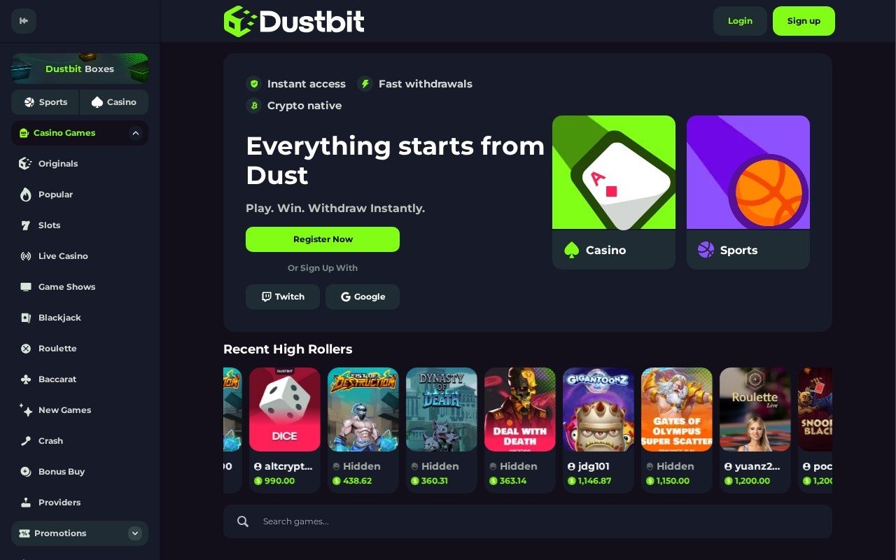 Dustbit casino homepage screenshot showing the main game lobby and top navigation (dustbit casino review)