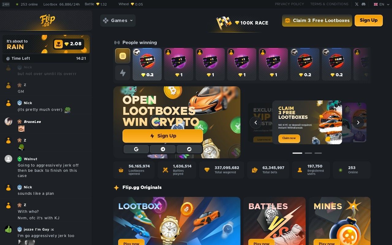 Flip.gg casino homepage screenshot showing the main game lobby and top navigation (flip.gg casino review)