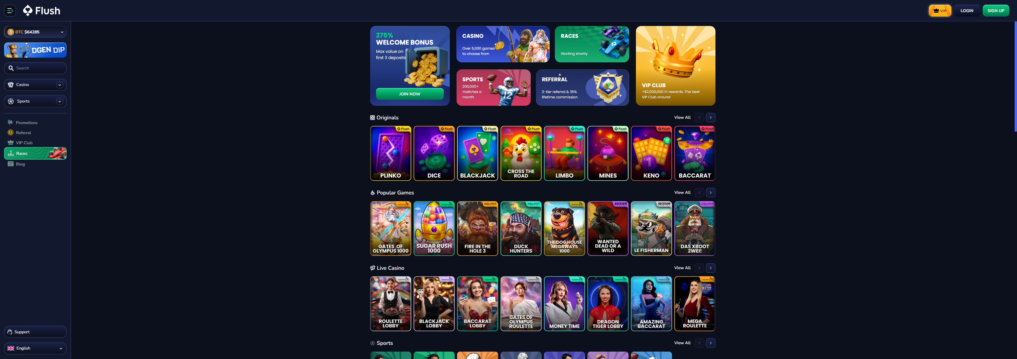 Flush casino homepage screenshot showing the main game lobby and top navigation (flush casino review)