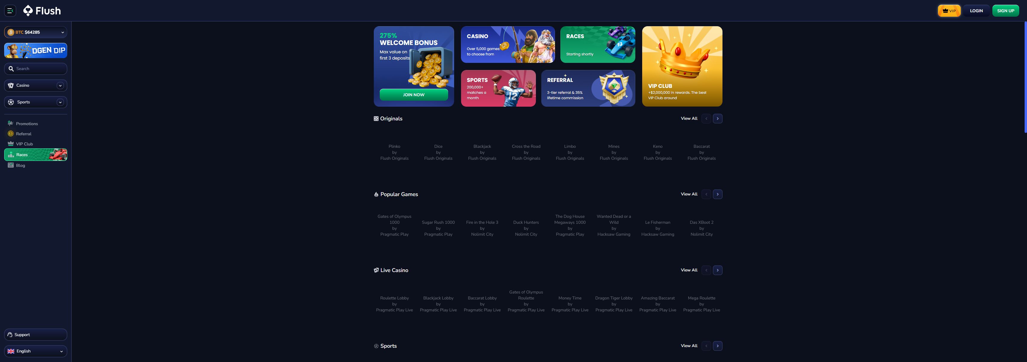 Flush.com casino homepage screenshot showing the main game lobby and top navigation (flush.com casino review)
