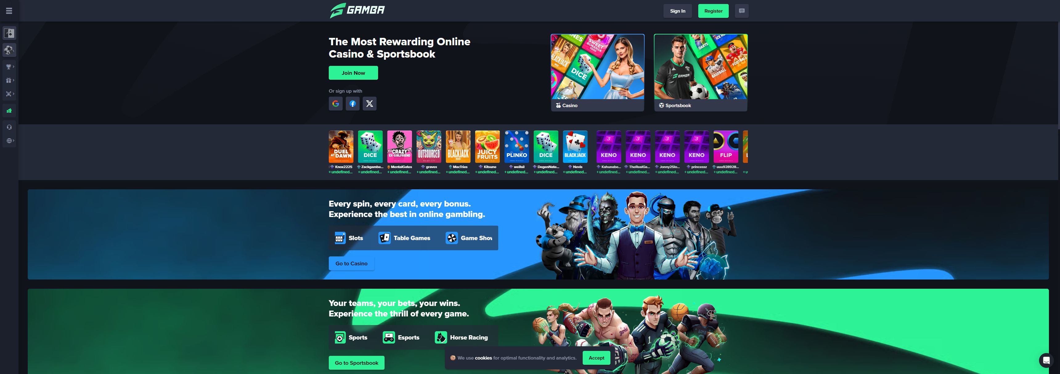 Gamba casino homepage screenshot showing the main game lobby and top navigation (gamba casino review)