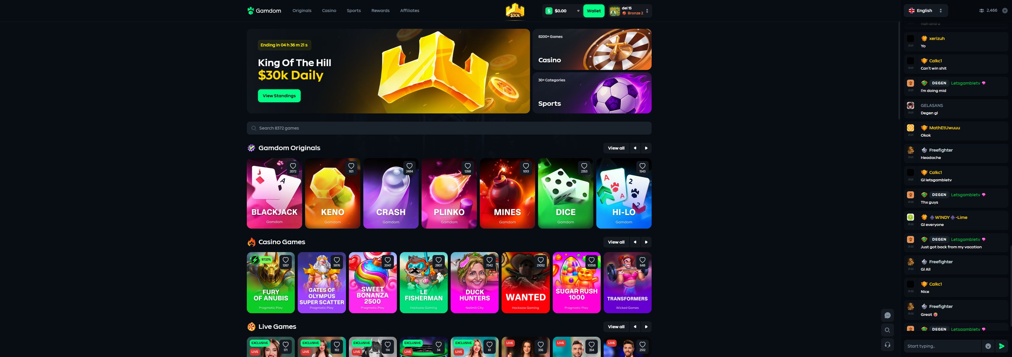 Gamdom casino homepage screenshot showing the main game lobby and top navigation (gamdom casino review)
