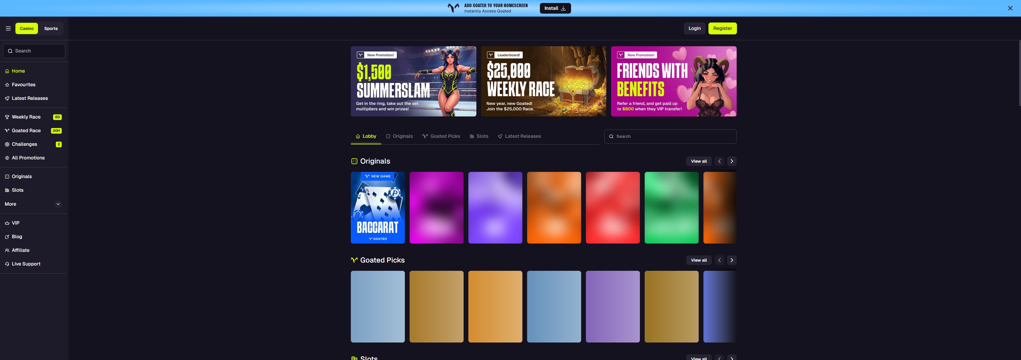 Goated casino homepage screenshot showing the main game lobby and top navigation (goated casino review)