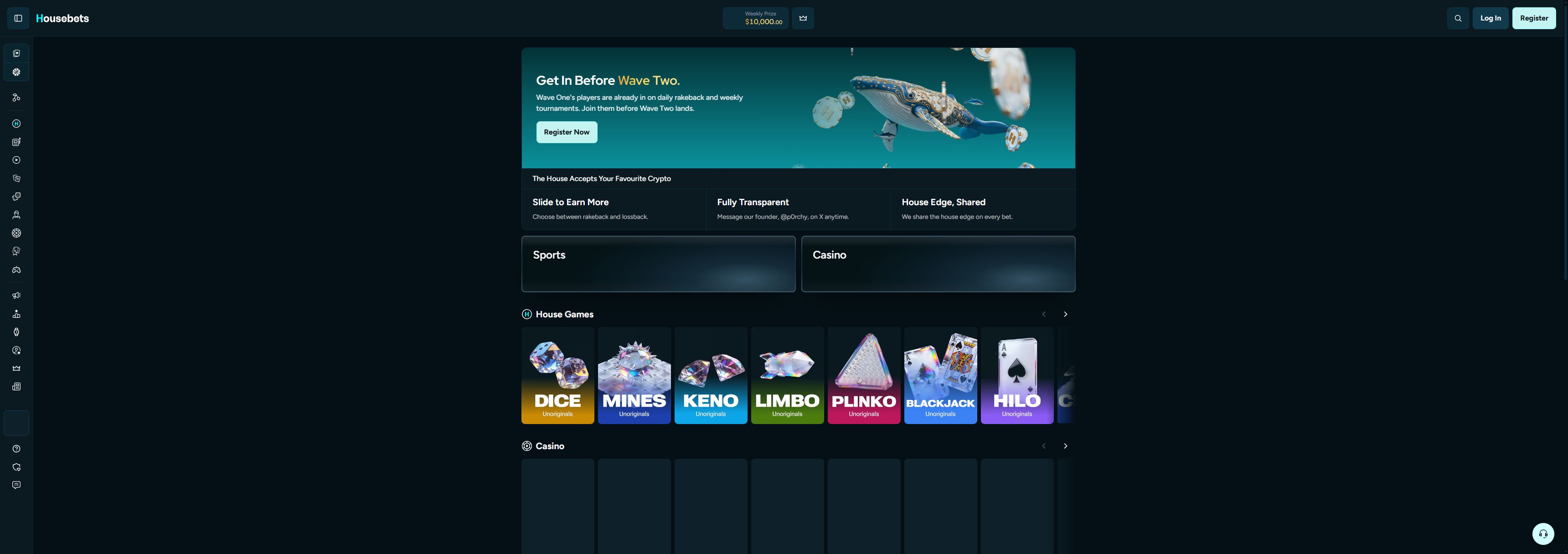 Housebets casino homepage screenshot showing the main game lobby and top navigation (housebets casino review)
