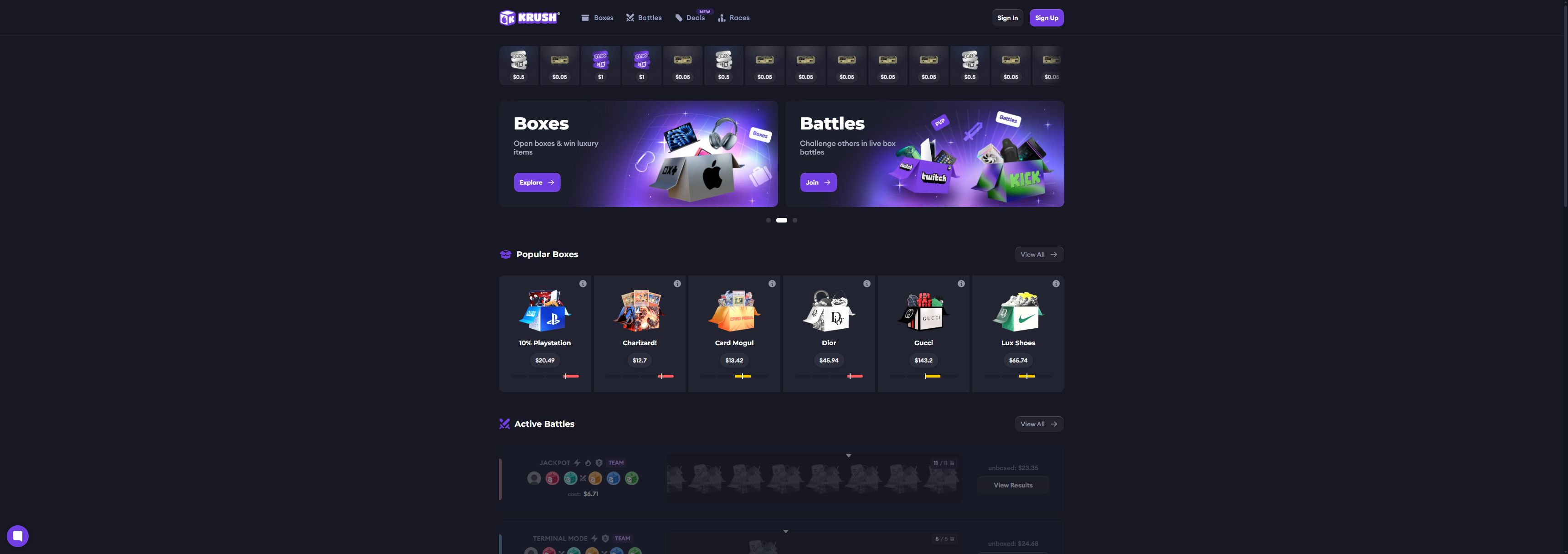 Krush.gg casino homepage screenshot showing the main game lobby and top navigation (krush.gg casino review)