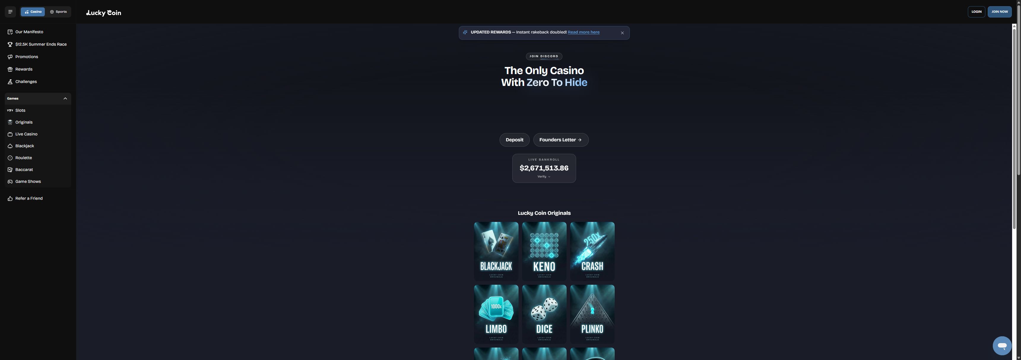 Luckycoin casino homepage screenshot showing the main game lobby and top navigation (lucky coin app review)