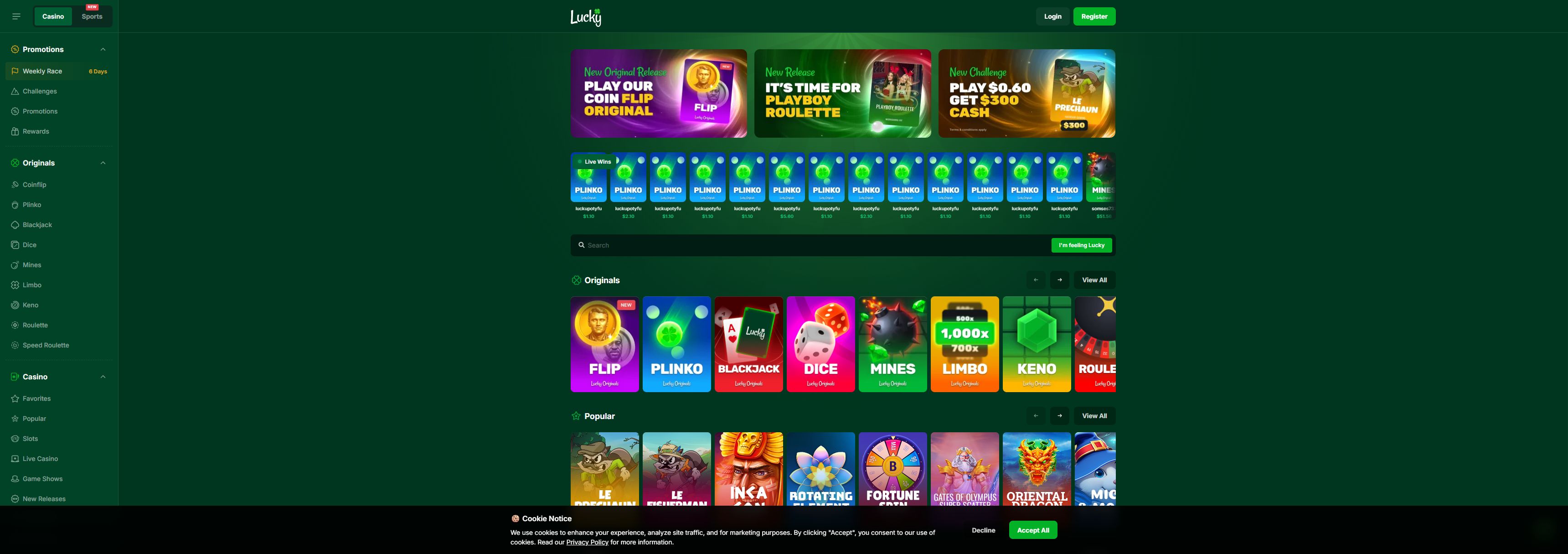 Lucky.fun casino homepage screenshot showing the main game lobby and top navigation (lucky.fun casino review)
