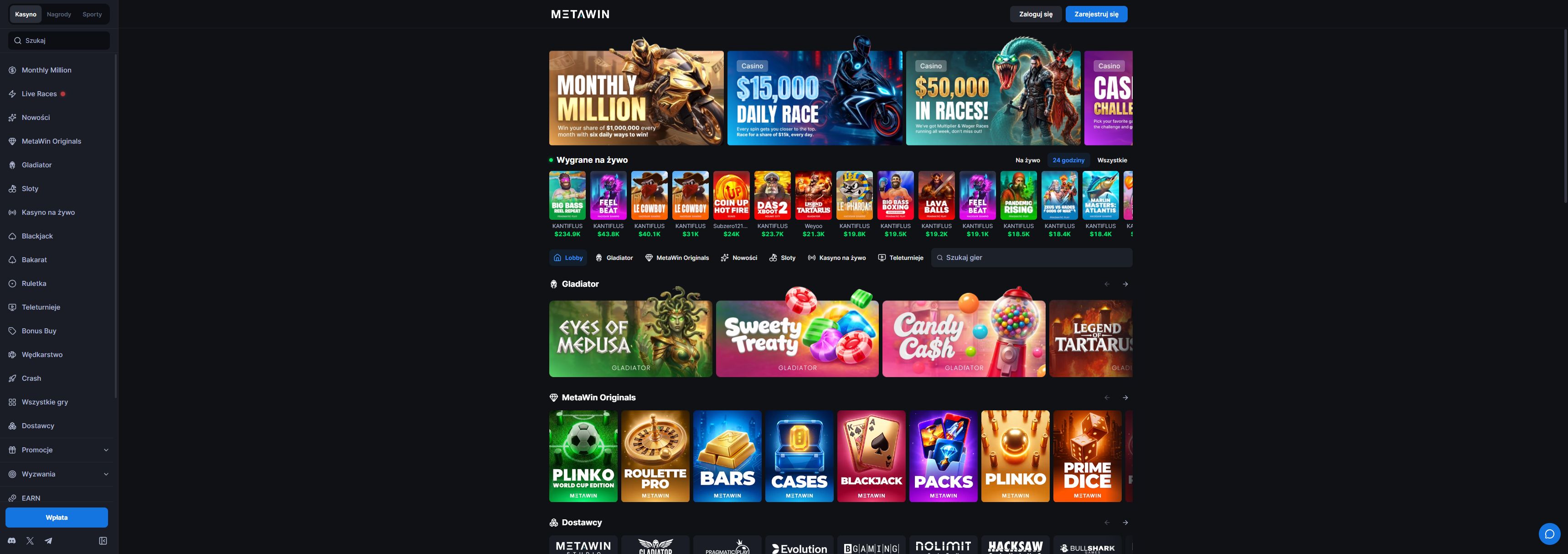 MetaWin casino homepage screenshot showing the main game lobby and top navigation (metawin casino review)