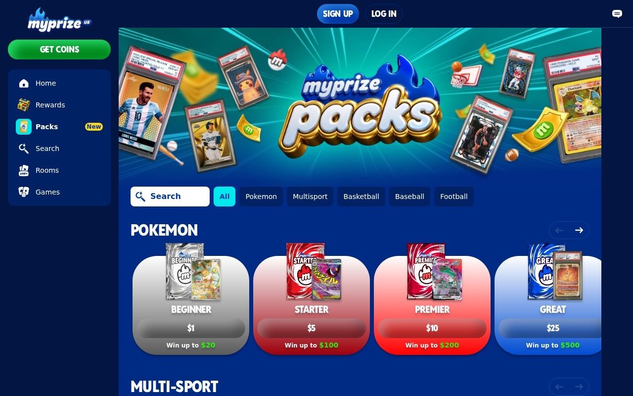 MyPrize casino homepage screenshot showing the main game lobby and top navigation (myprize casino review)