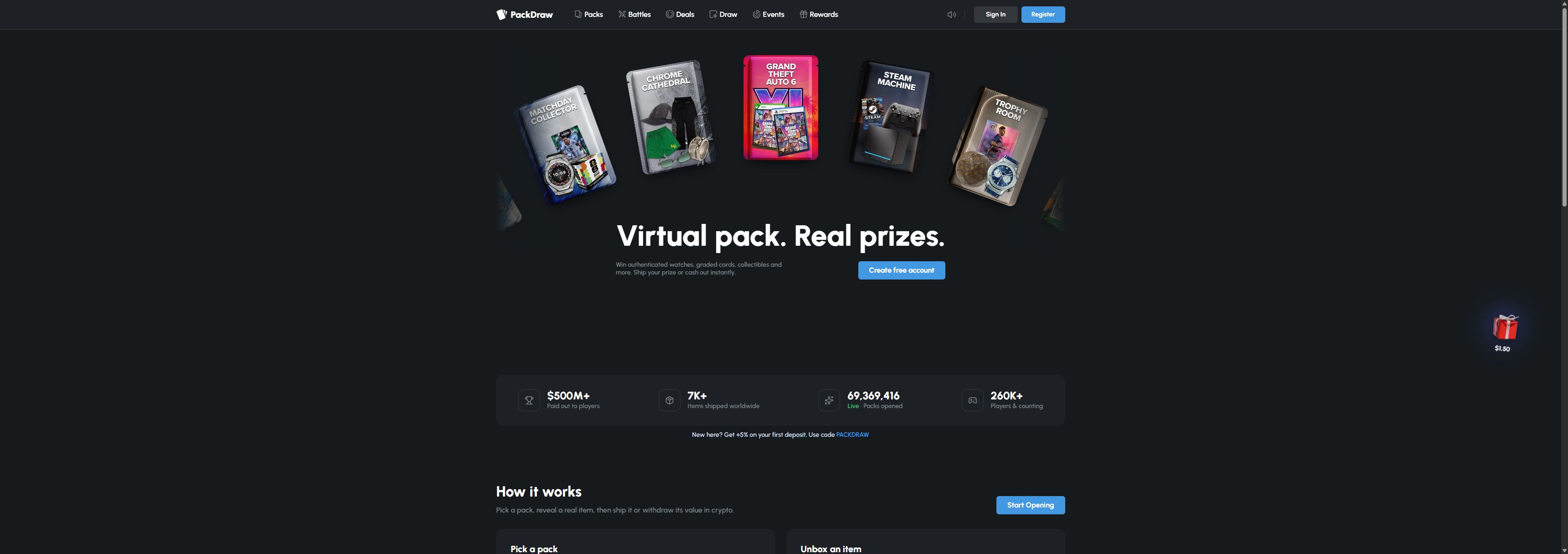 Packdraw casino homepage screenshot showing the main game lobby and top navigation (packdraw reviews)