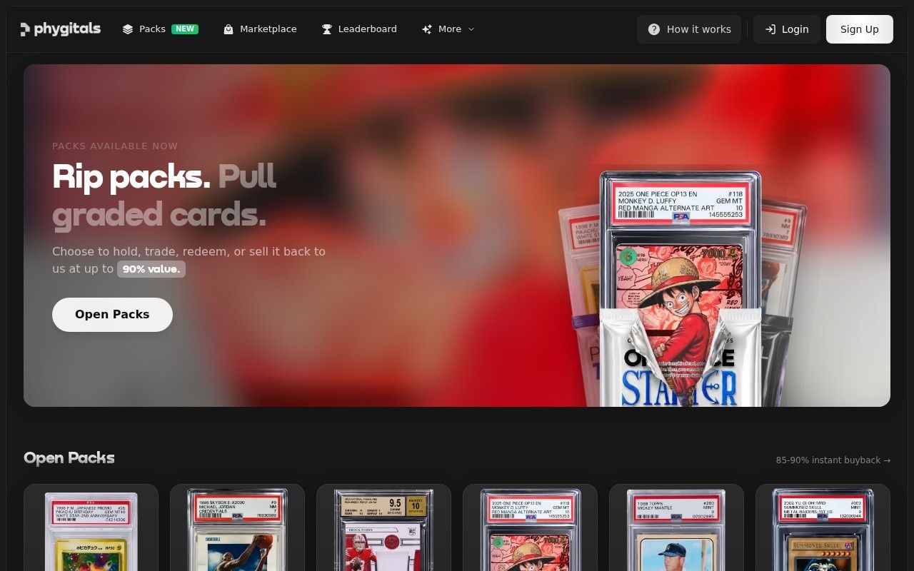 Phygitals casino homepage screenshot showing the main game lobby and top navigation (phygitals casino review)