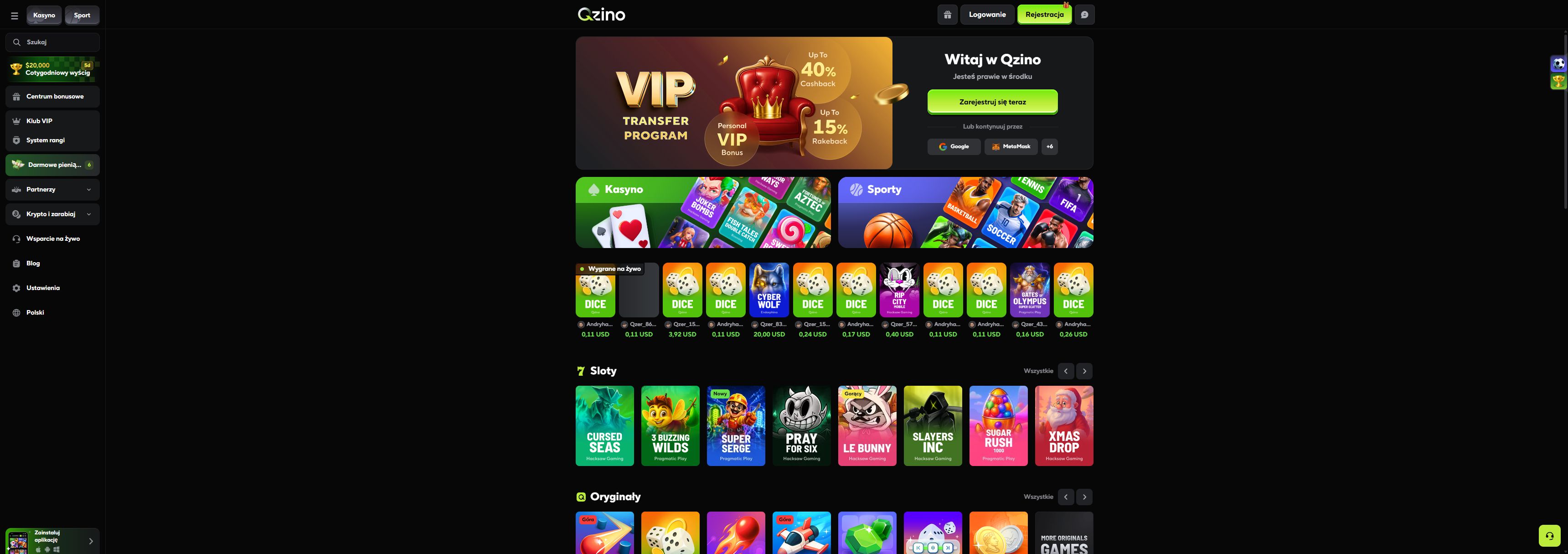 Qzino casino homepage screenshot showing the main game lobby and top navigation (qzino casino review)