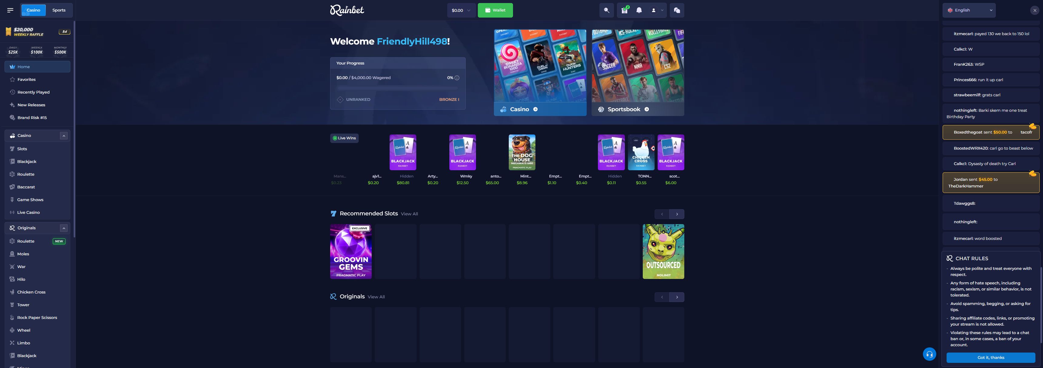 Rainbet casino homepage screenshot showing the main game lobby and top navigation (rainbet casino review)