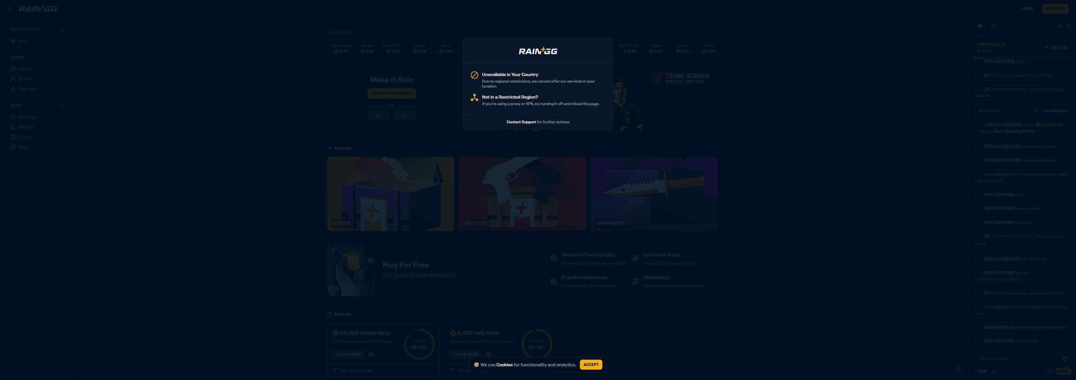 Rain.gg casino homepage screenshot showing the main game lobby and top navigation (rain.gg casino review)