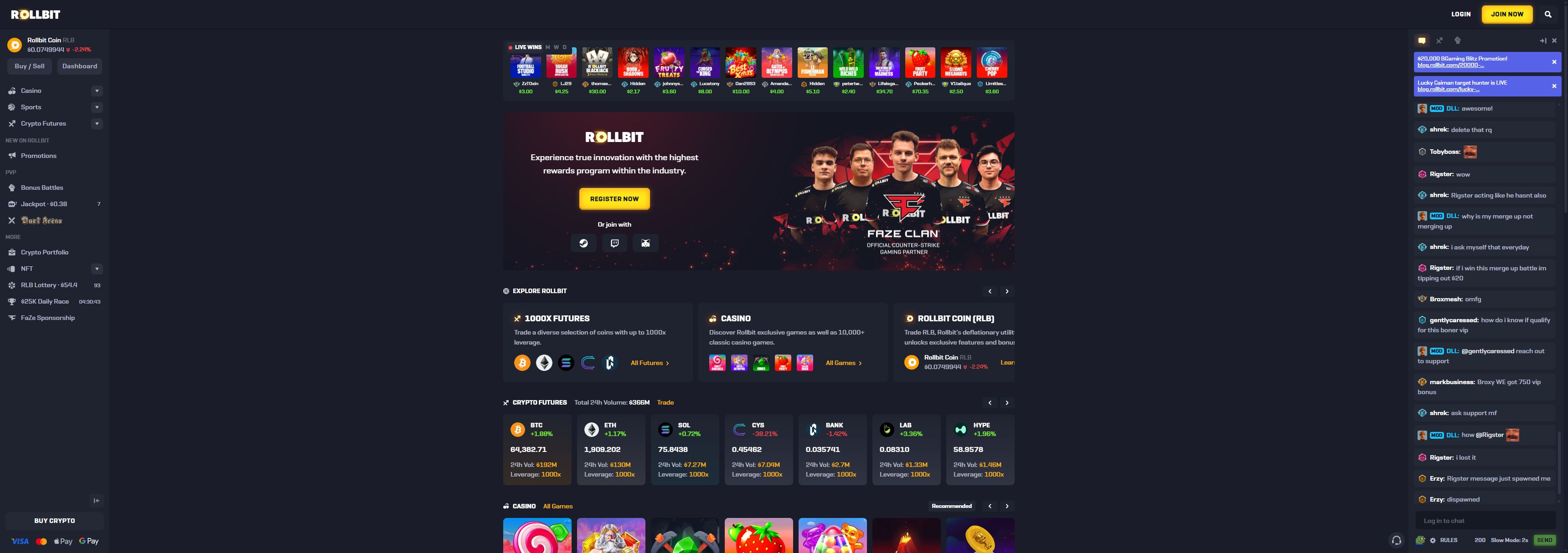 Rollbit casino homepage screenshot showing the main game lobby and top navigation (rollbit casino review)