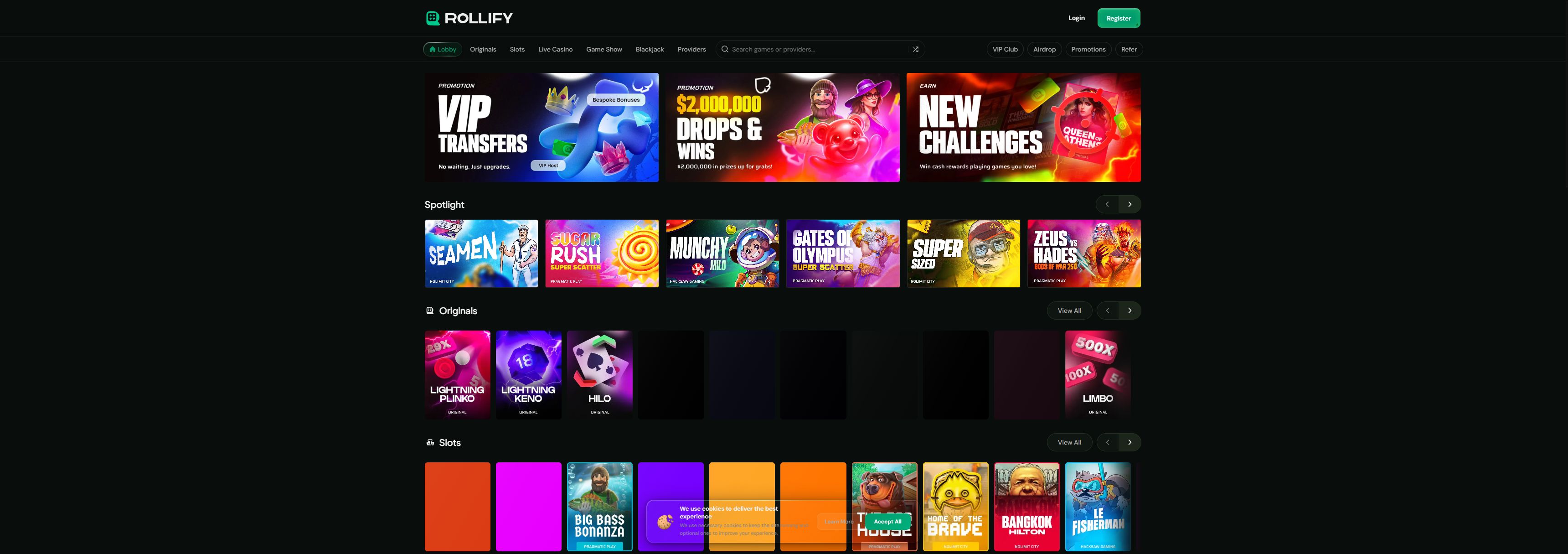 Rollify casino homepage screenshot showing the main game lobby and top navigation (rollify casino review)