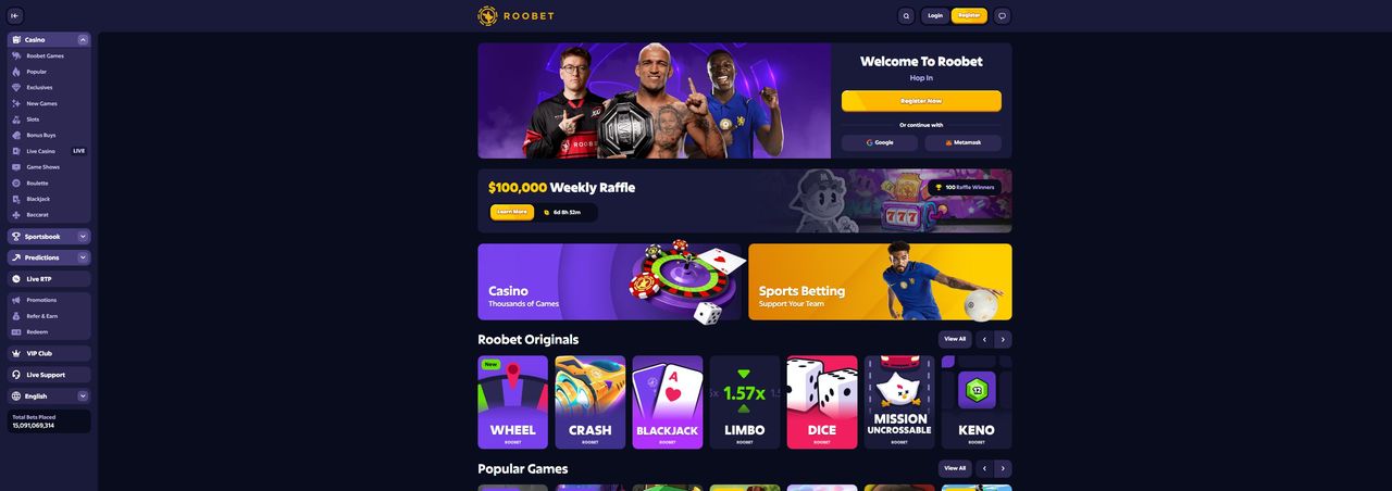 Roobet casino homepage screenshot showing the main lobby with Roobet Originals games and $100,000 Weekly Raffle banner (roobet casino review)