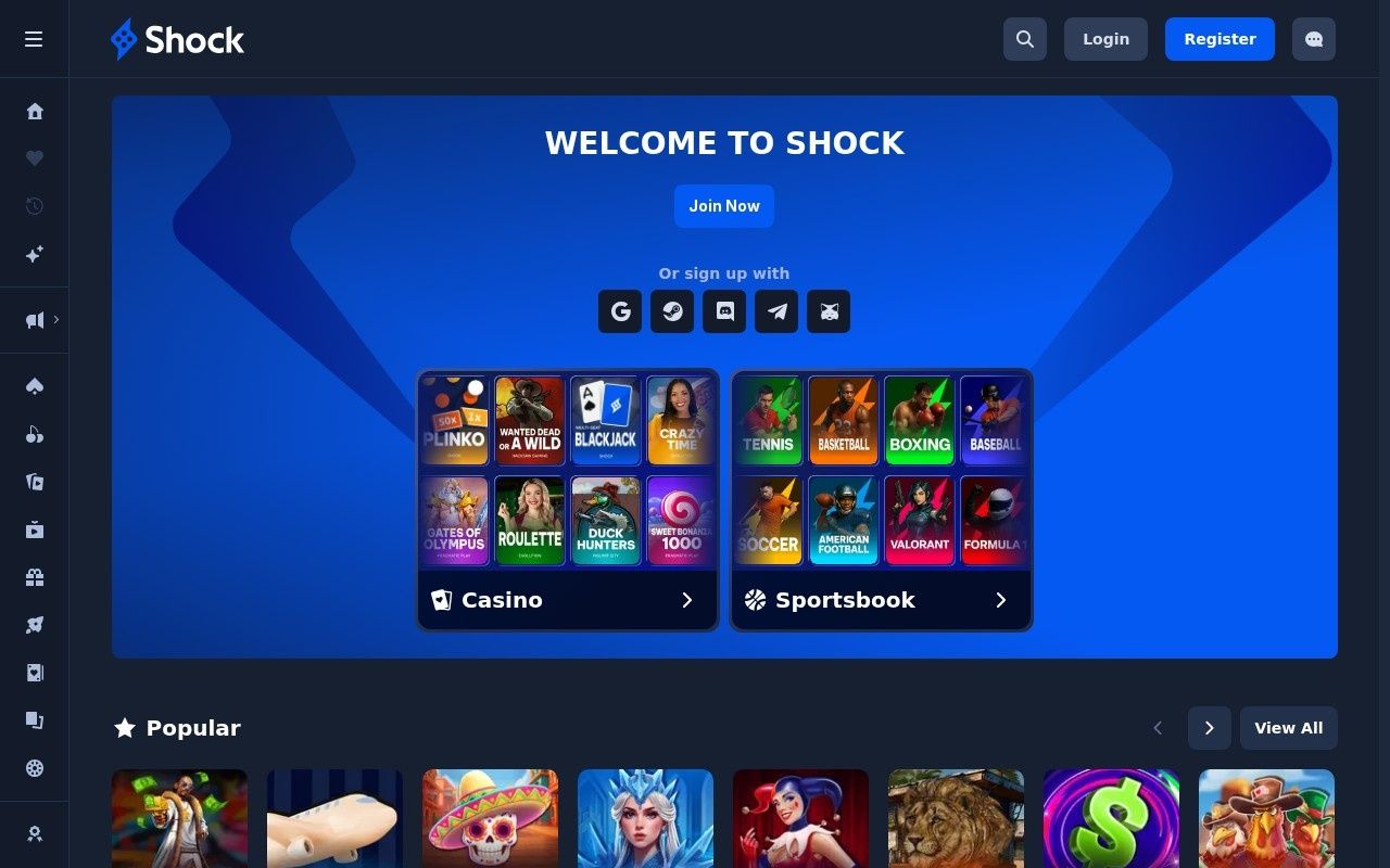 Shock casino homepage screenshot showing the main game lobby and top navigation (shock casino review)