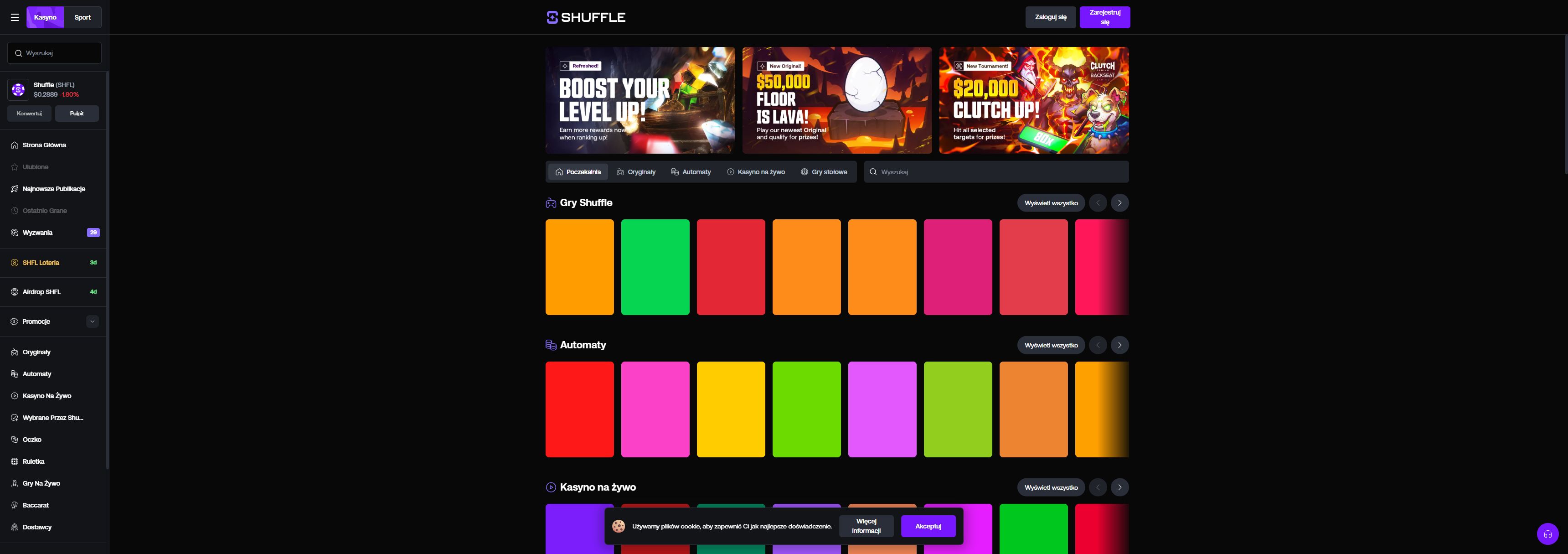 Shuffle casino homepage screenshot showing the main game lobby and top navigation (shuffle casino review)