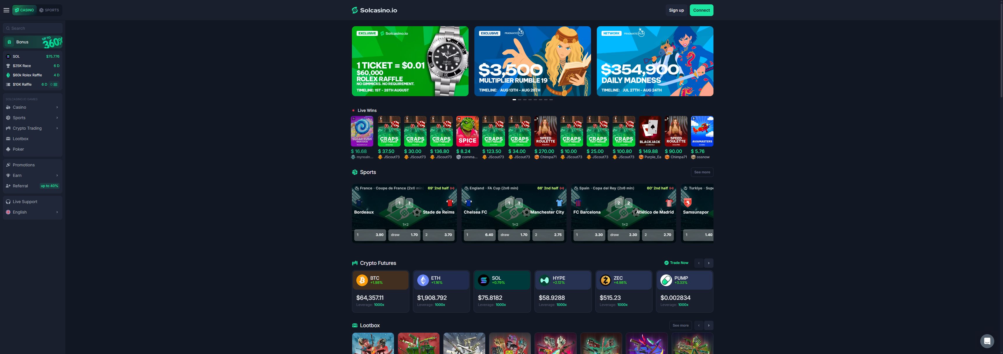 SolCasino casino homepage screenshot showing the main game lobby and top navigation (solcasino casino review)