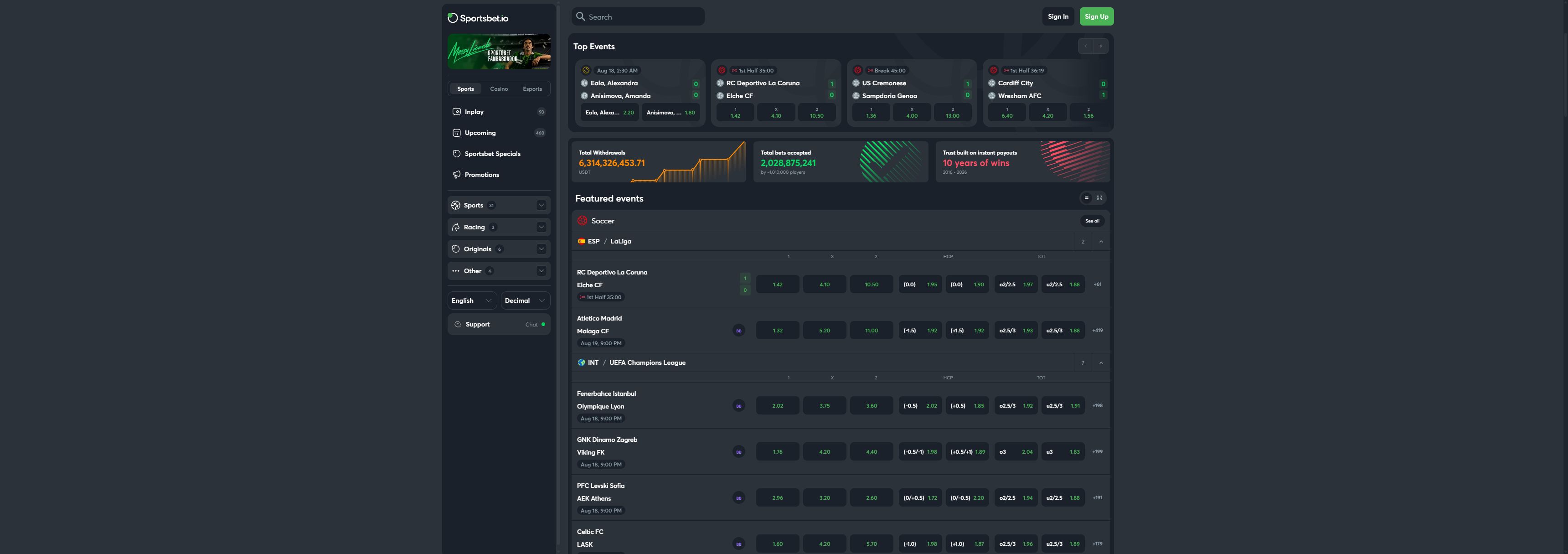 Sportsbet.io casino homepage screenshot showing the main game lobby and top navigation (sportsbet.io review)