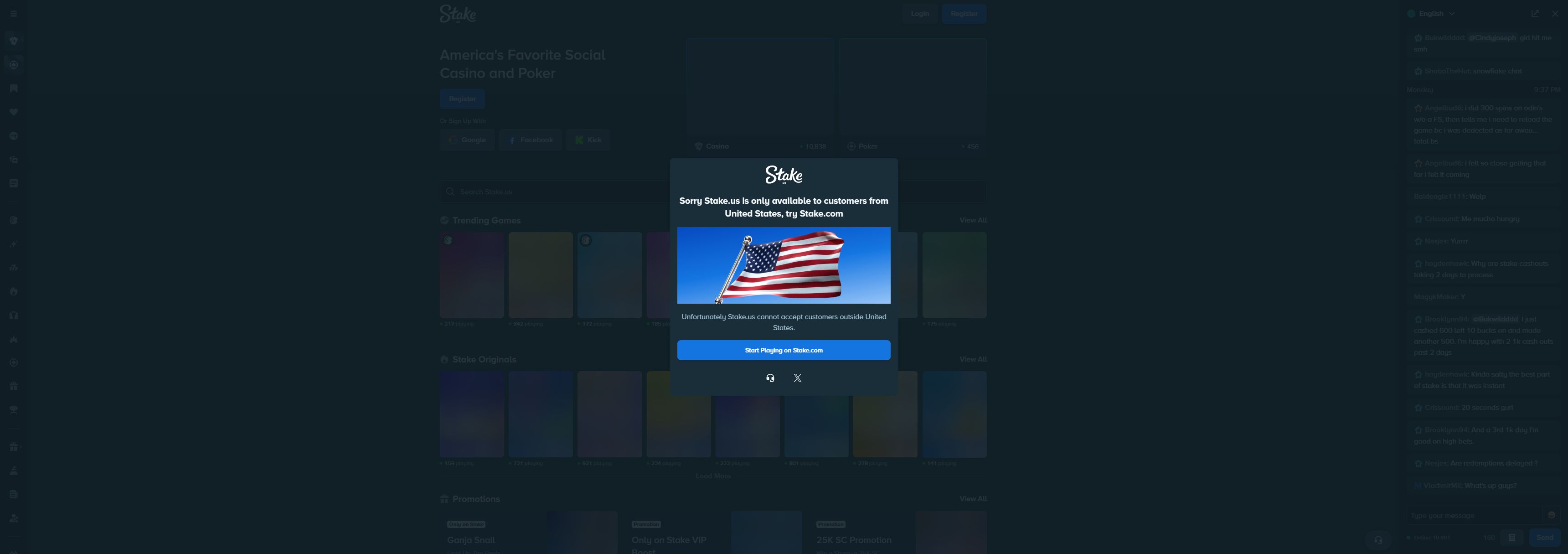 Stake.us casino homepage screenshot showing the main game lobby and top navigation (stake us review)