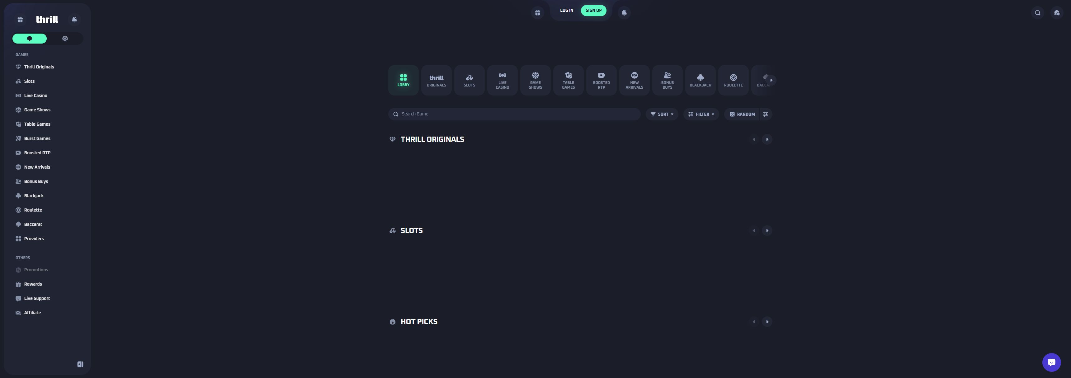 Thrill casino homepage screenshot showing the main game lobby and top navigation (thrills casino review)